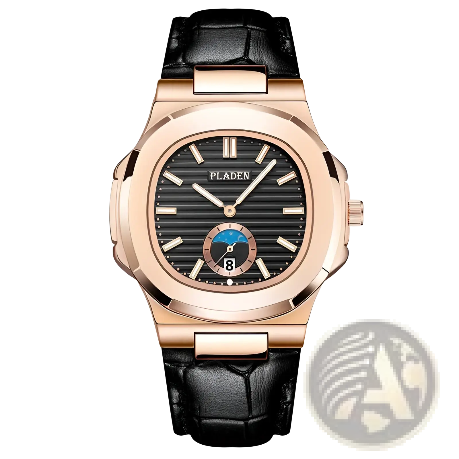 Rose gold-toned pladen men’s luxury waterproof quartz watch with black dial silver markers and blue moon phase indicator
