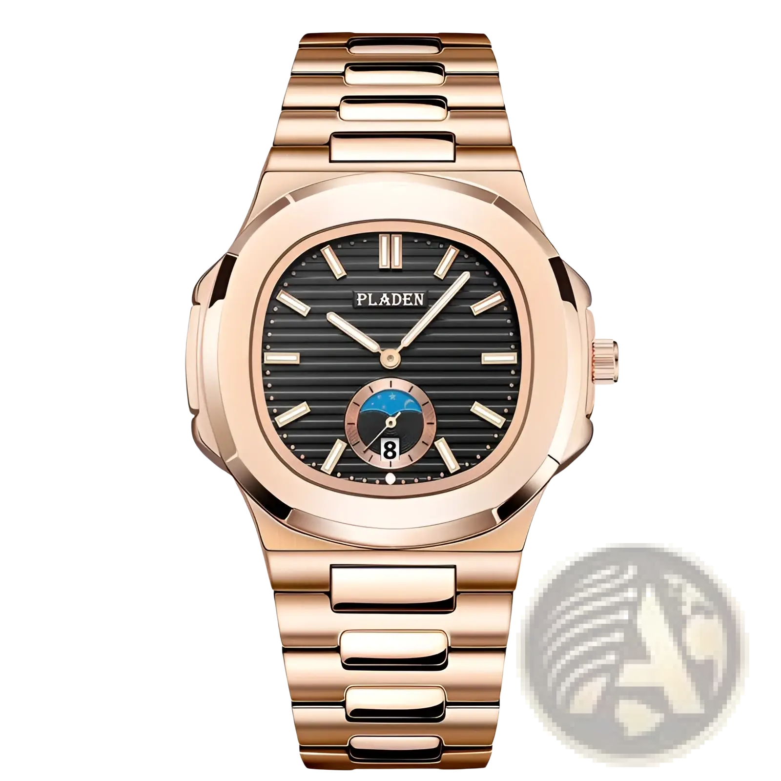 Pladen men’s luxury waterproof quartz watch in rose gold with black striped dial and blue moon phase display at six o’clock