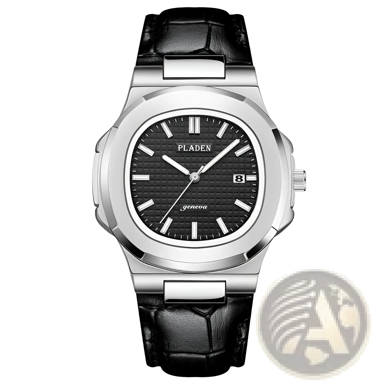 Pladen mens luxury waterproof quartz watch with silver tone case black textured dial and black crocodile leather strap