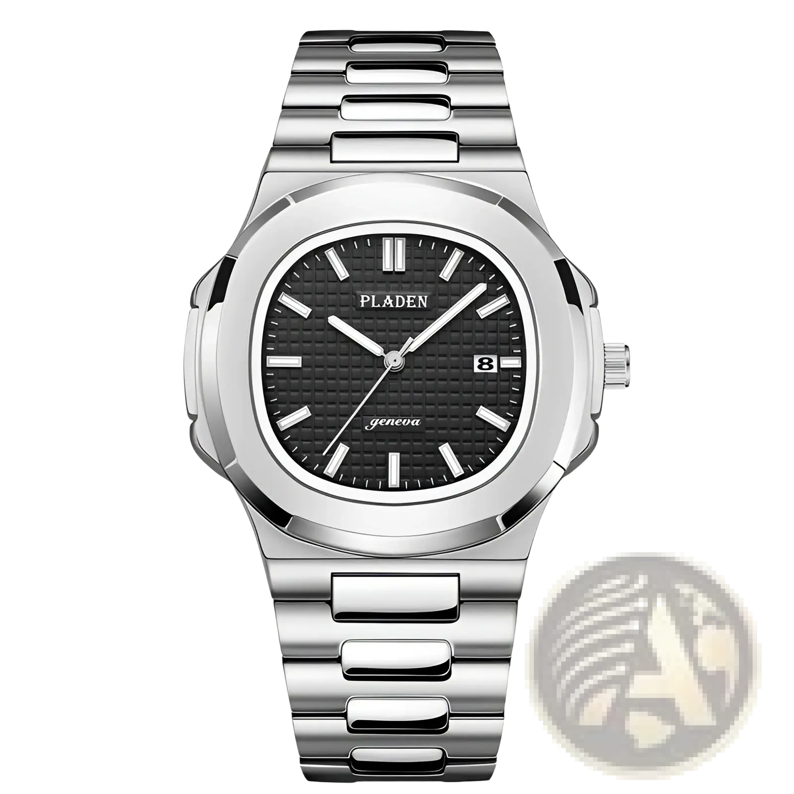 Silver-toned stainless steel Pladen men’s luxury quartz watch with black textured dial and date display