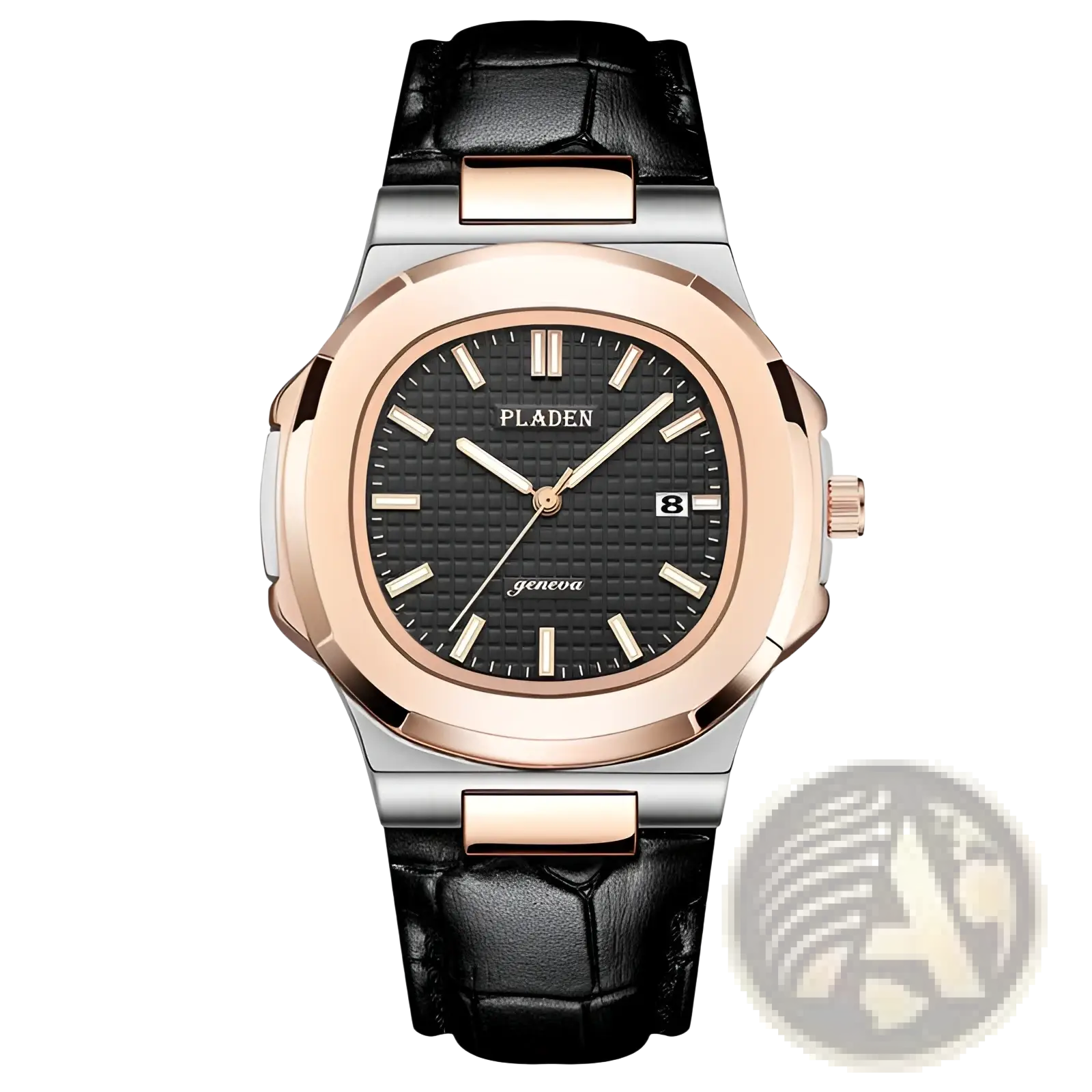 Pladen men’s luxury waterproof quartz watch with rose gold silver case black textured dial and black leather strap