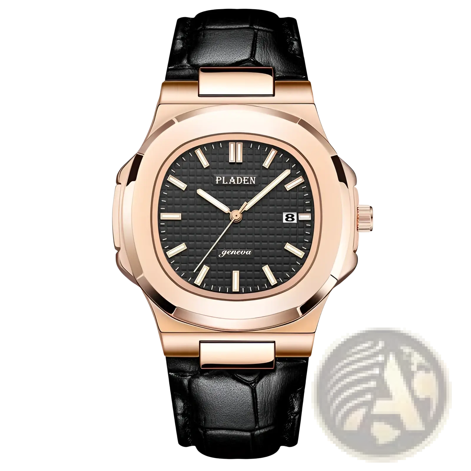 Rose gold-toned pladen men’s luxury waterproof quartz watch with black textured dial and black crocodile leather strap