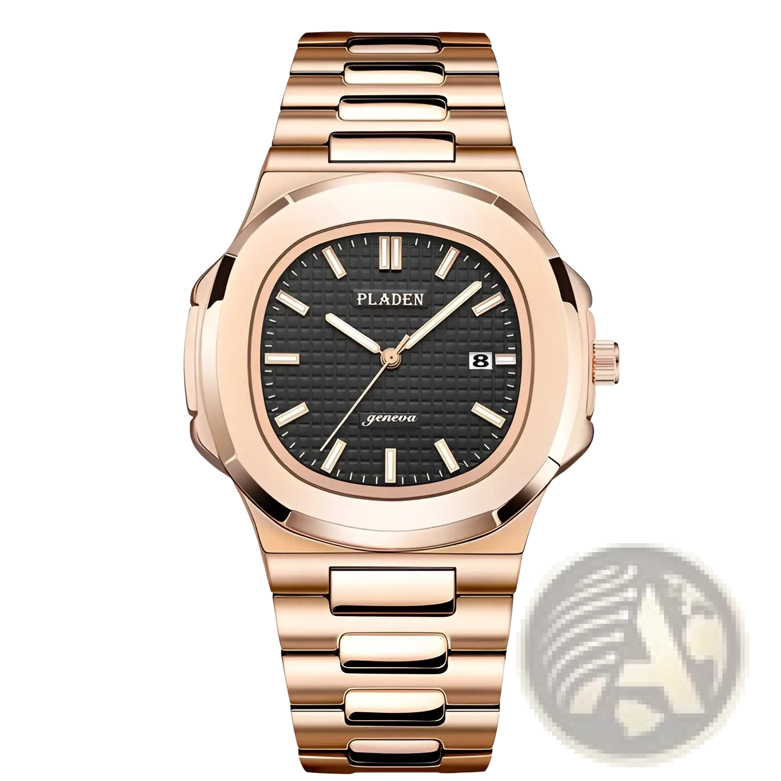 Rose gold toned stainless steel Pladen men’s luxury waterproof quartz watch with black textured dial and date display