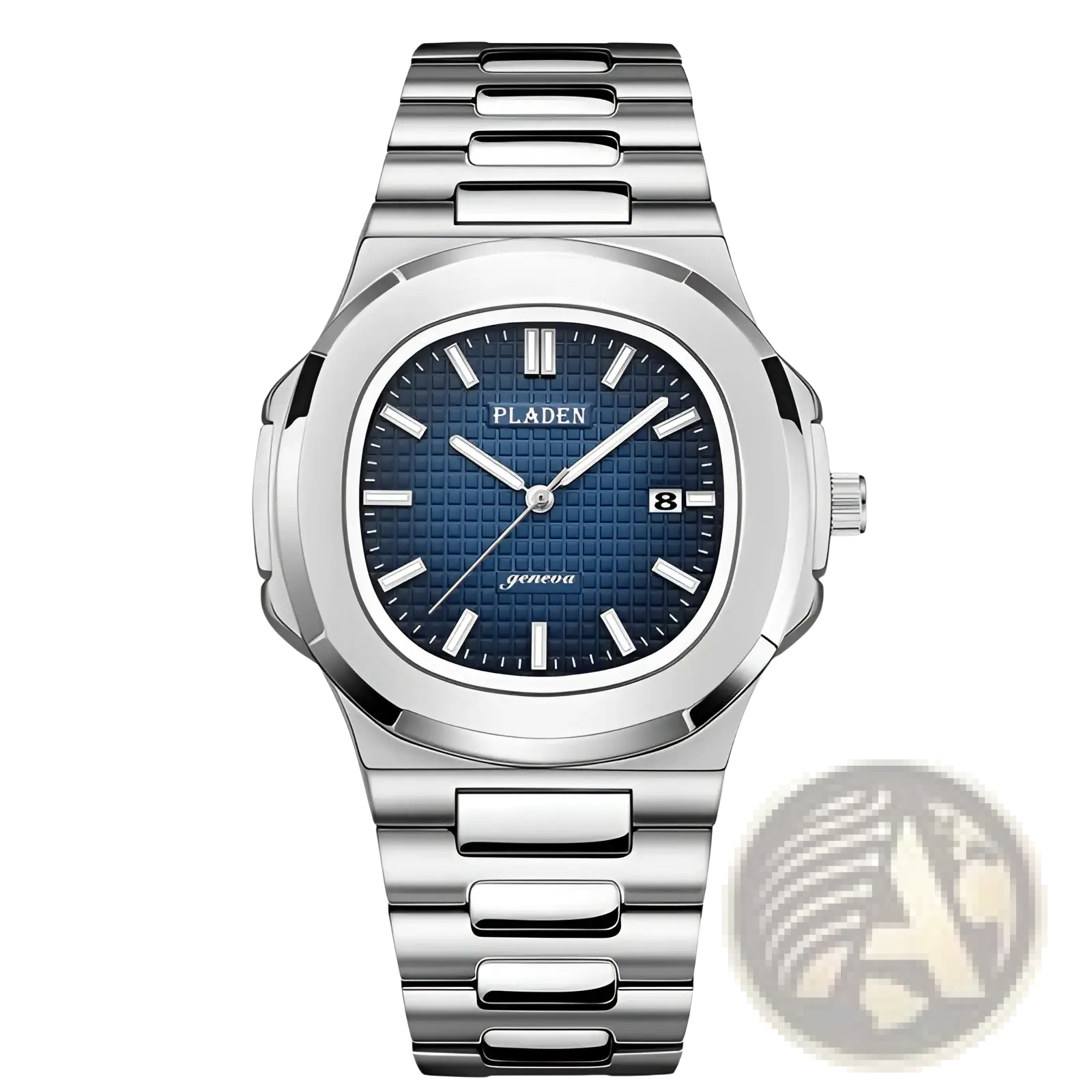 Silver-toned stainless steel pladen men’s luxury waterproof quartz watch with blue textured dial and date display