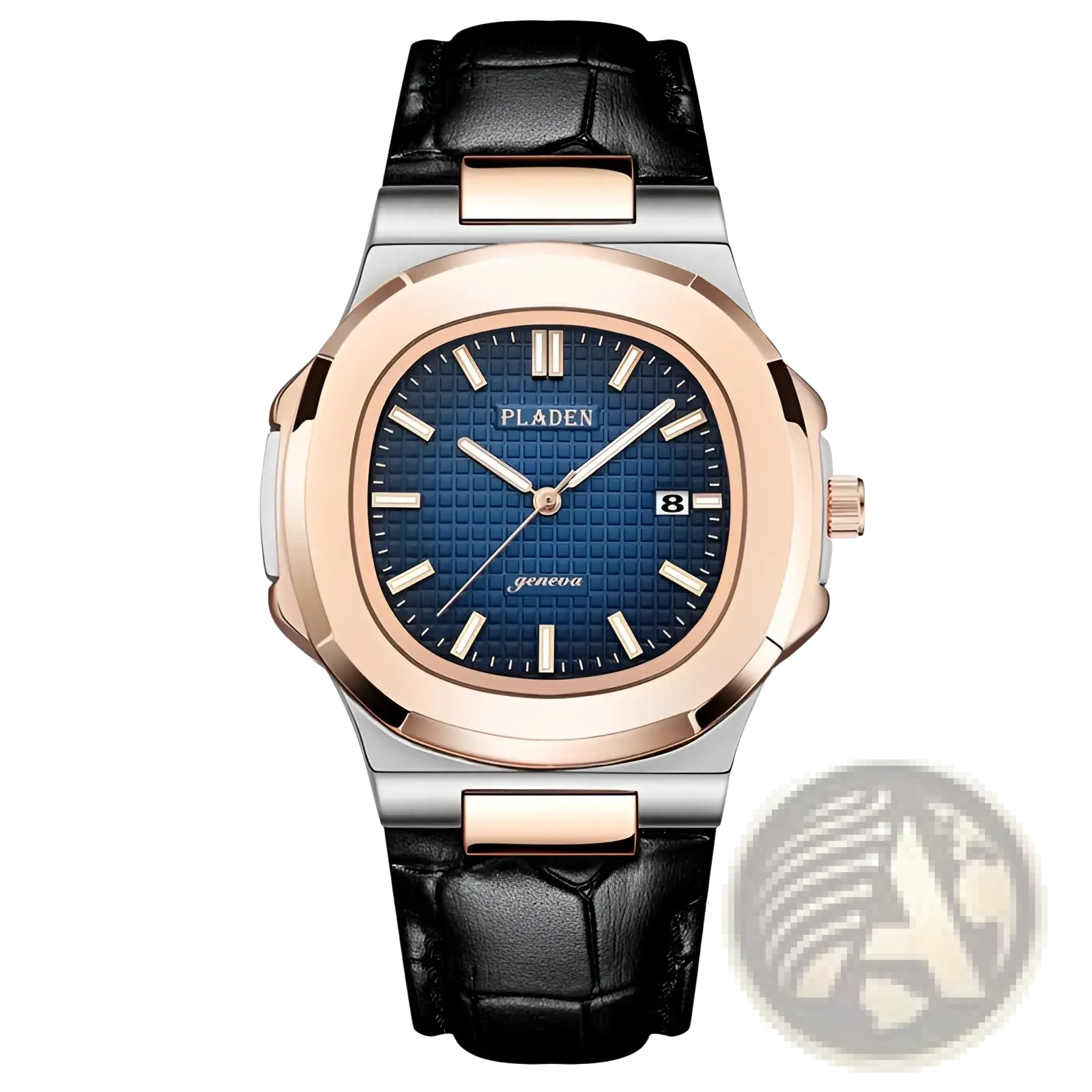Pladen men’s luxury waterproof quartz watch with rose gold silver case black leather strap and blue textured dial