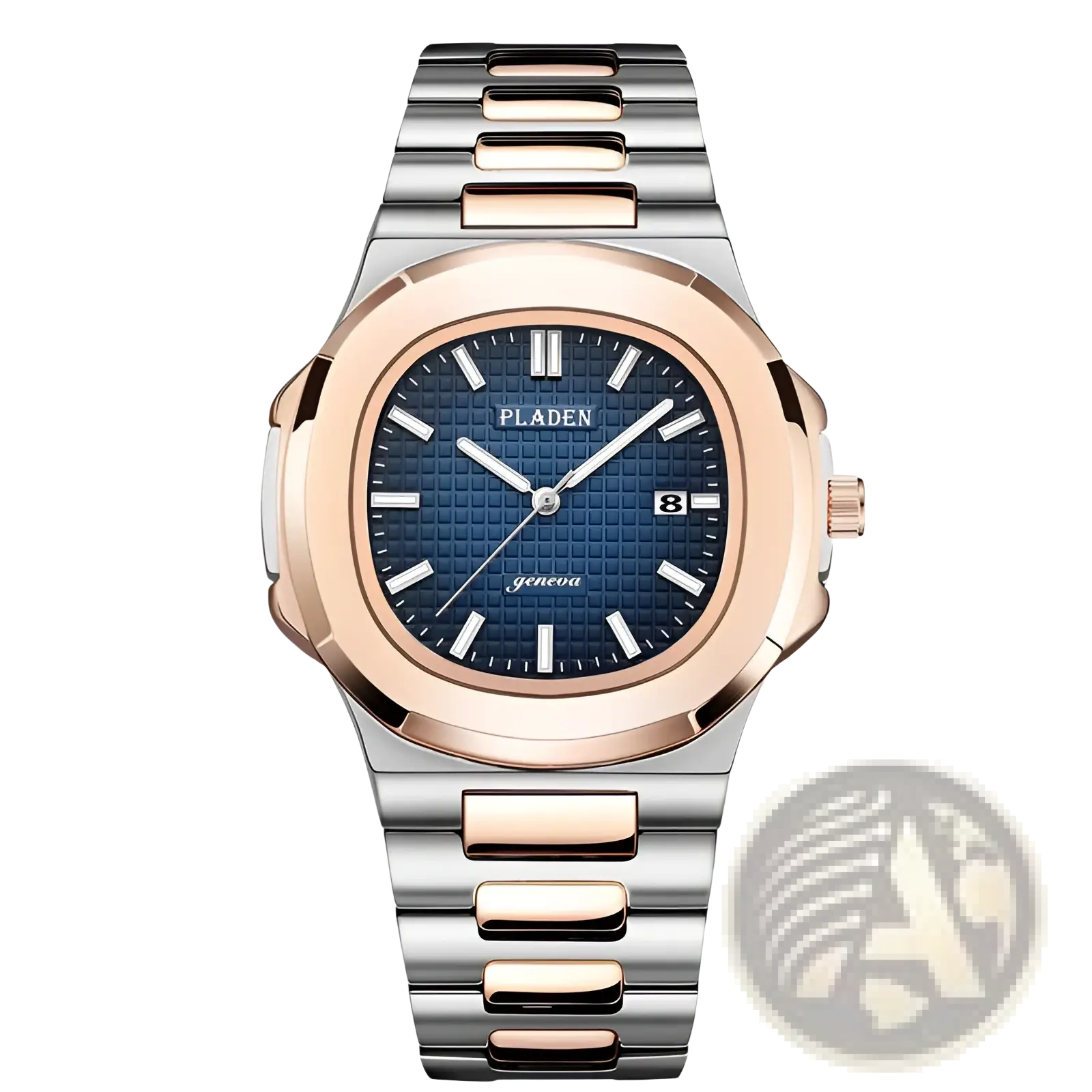 Pladen men’s luxury waterproof quartz watch with two-tone stainless steel and rose gold, blue textured dial, and date display