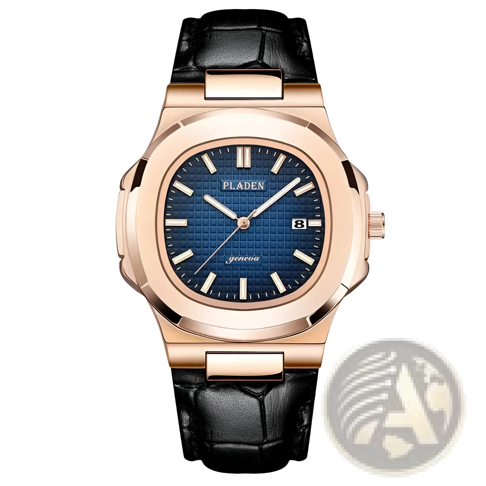 Pladen men’s luxury waterproof quartz watch with rose gold tone, blue textured dial, and black alligator leather strap