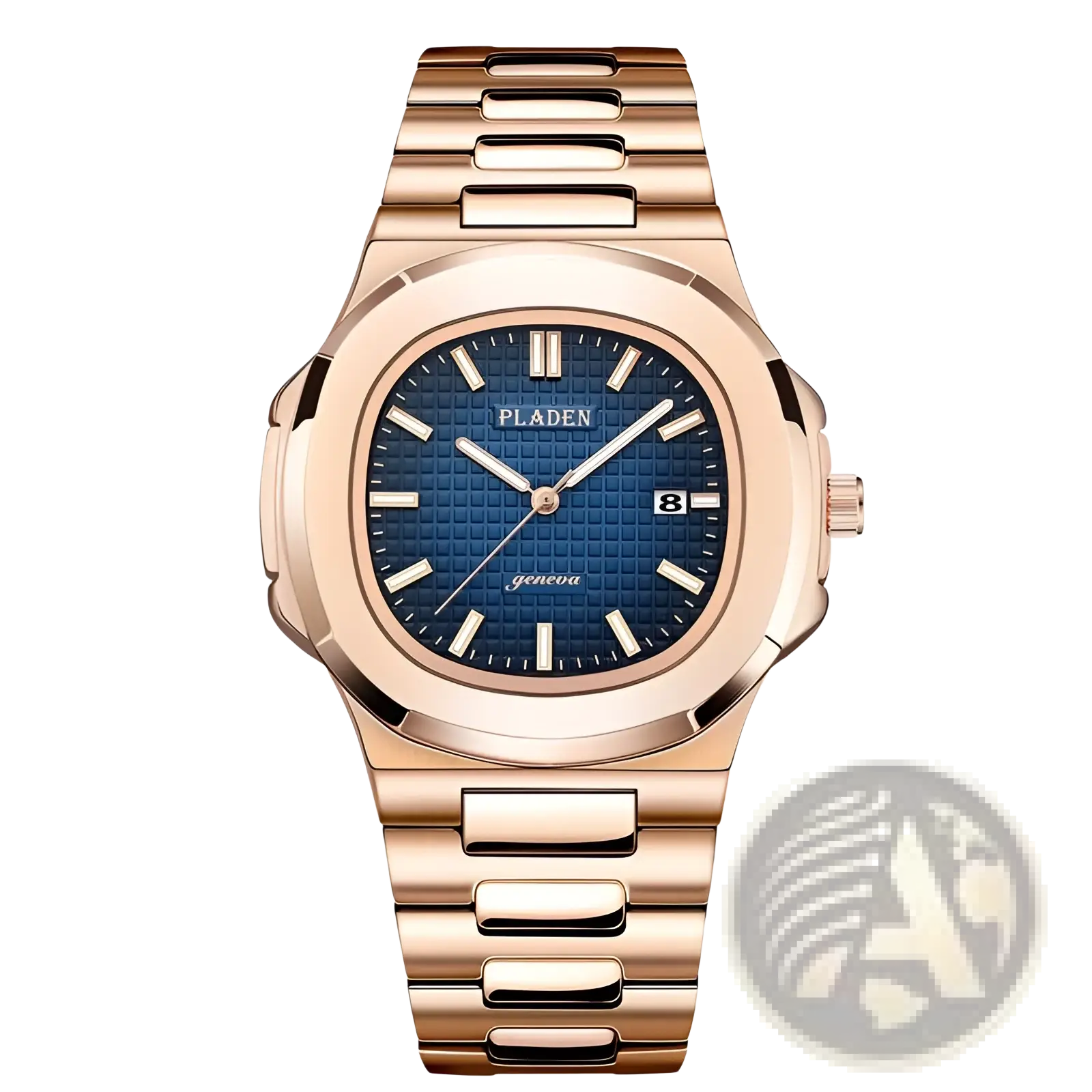 Pladen men’s luxury waterproof quartz wristwatch with rose gold plating blue textured dial and date display