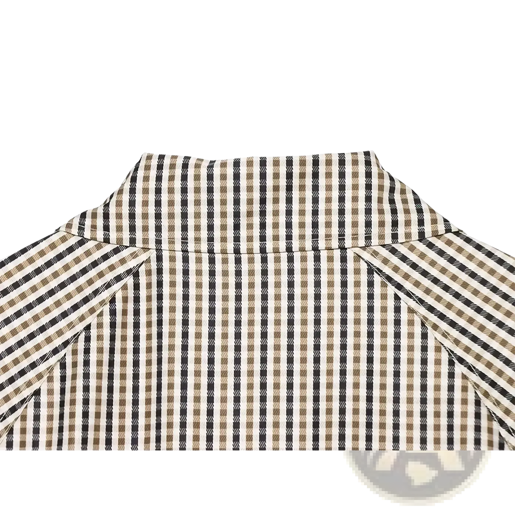 A plaid belted short trench jacket paired with a beige and black vertically striped textured button-up shirt collar