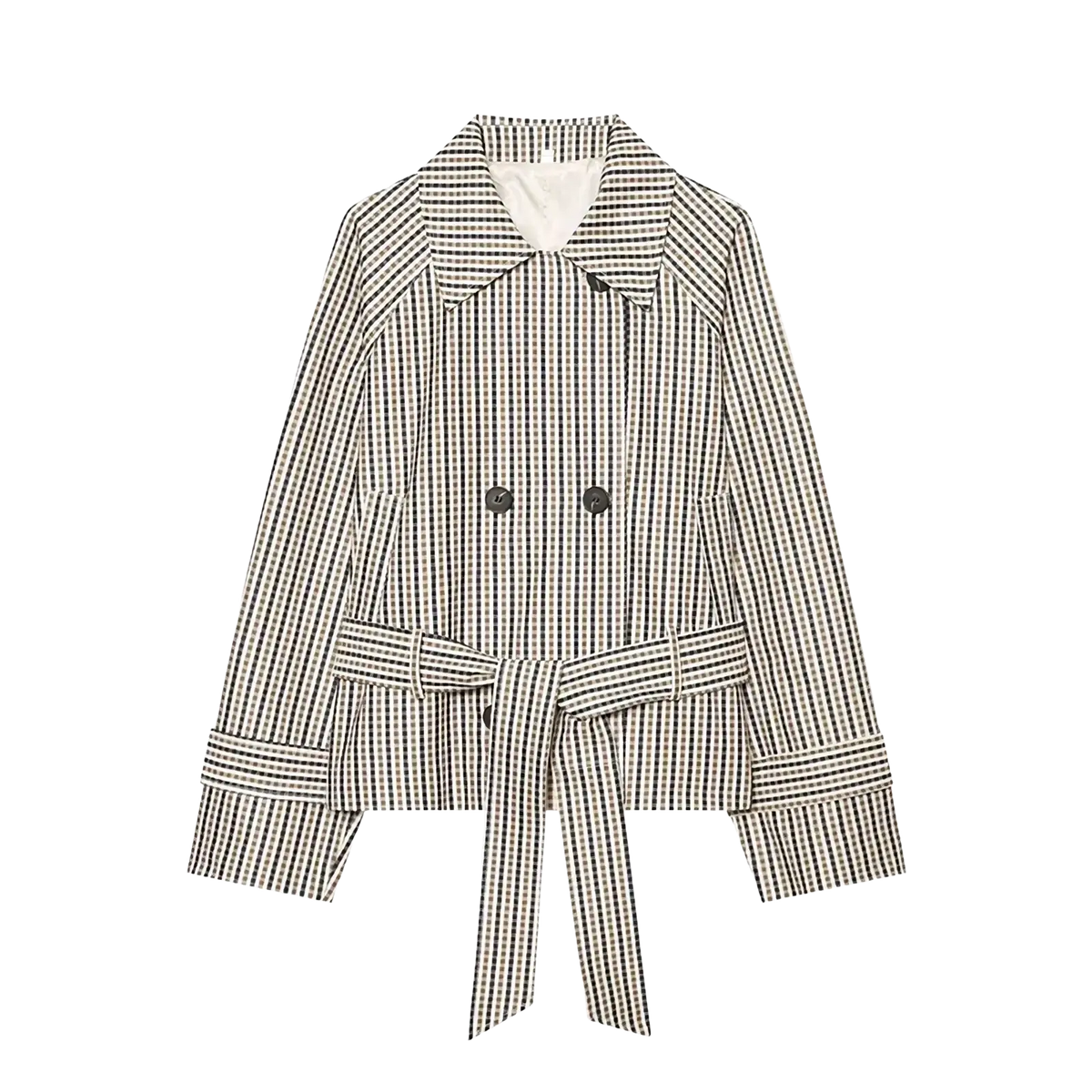 Plaid belted short trench jacket in black and white checkered pattern with double-breasted front and belted waist