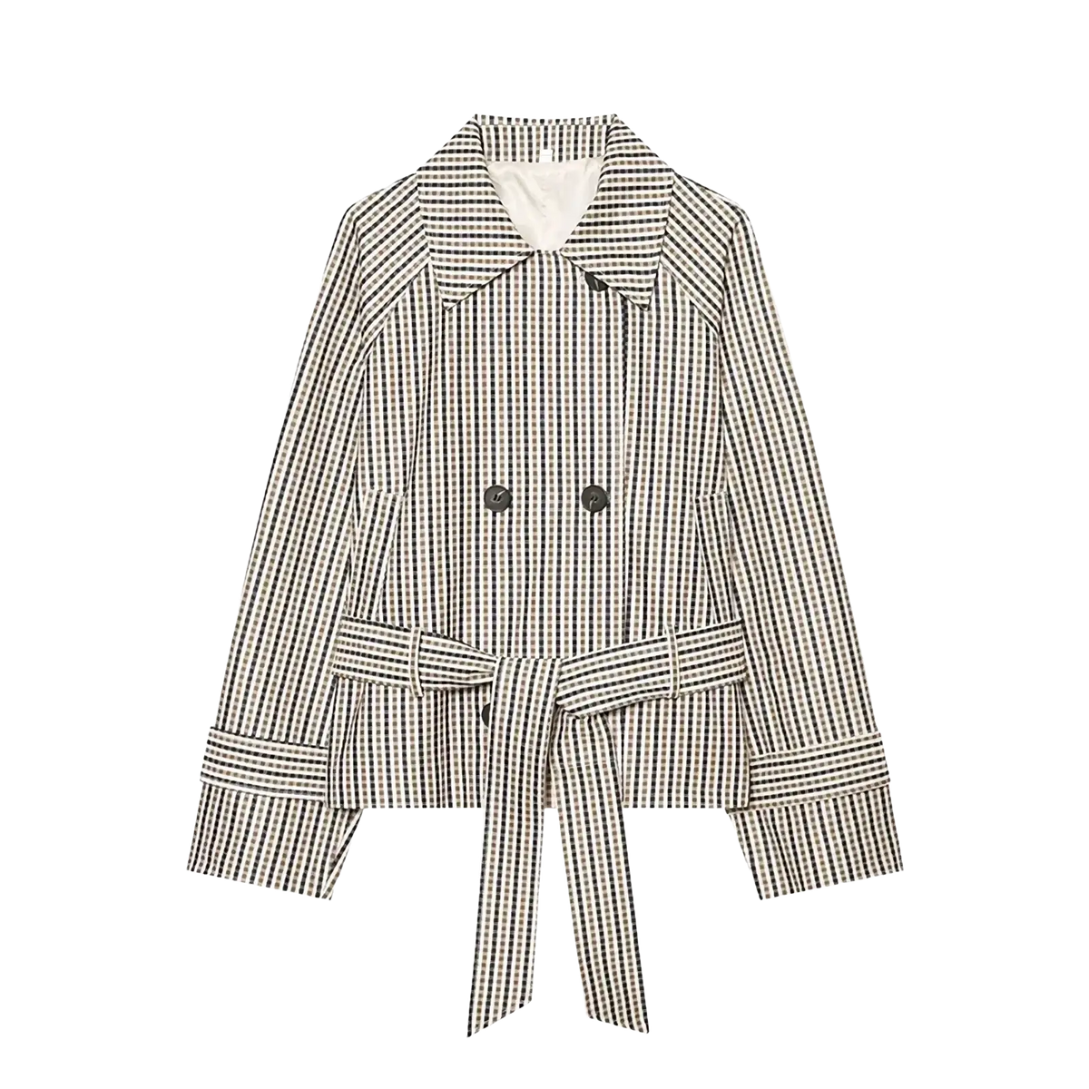 Plaid belted short trench jacket featuring a black and white checkered double-breasted design with a belted waist