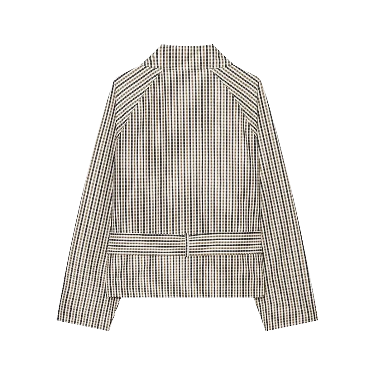 Plaid belted short trench jacket in black and white checkered pattern with structured collar and long sleeves