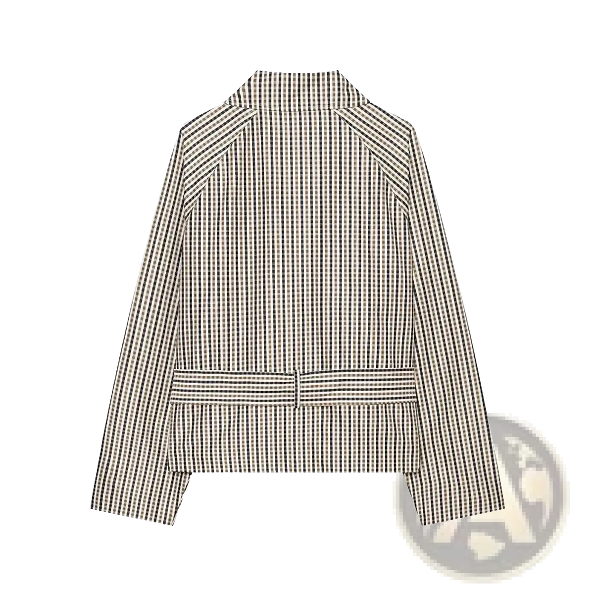 Plaid belted short trench jacket in black and white checkered pattern with structured collar and long sleeves