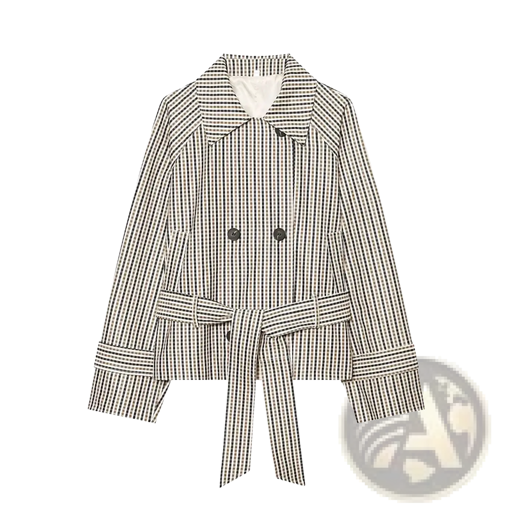 Plaid belted short trench jacket featuring a black and white checkered double-breasted design with a belted waist