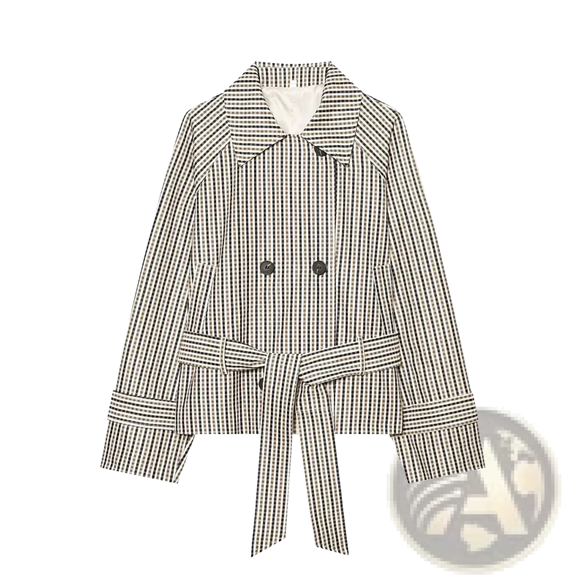 Plaid belted short trench jacket featuring a black and white checkered double-breasted design with a belted waist