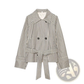 Plaid belted short trench jacket in black and white checkered pattern with double-breasted front and belted waist