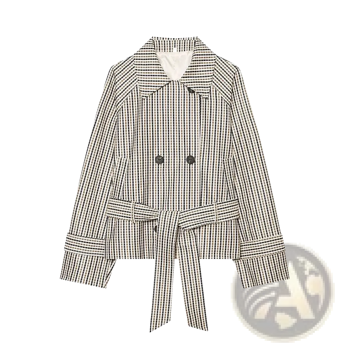 Plaid belted short trench jacket in black and white checkered pattern with double-breasted front and belted waist
