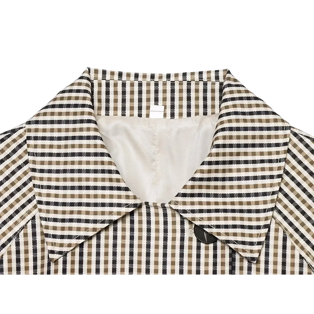 A stylish beige and black plaid belted short trench jacket collar with a subtle textured pattern