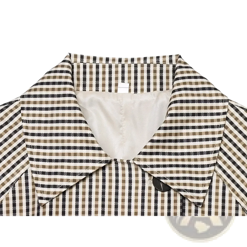 A stylish beige and black plaid belted short trench jacket collar with a subtle textured pattern