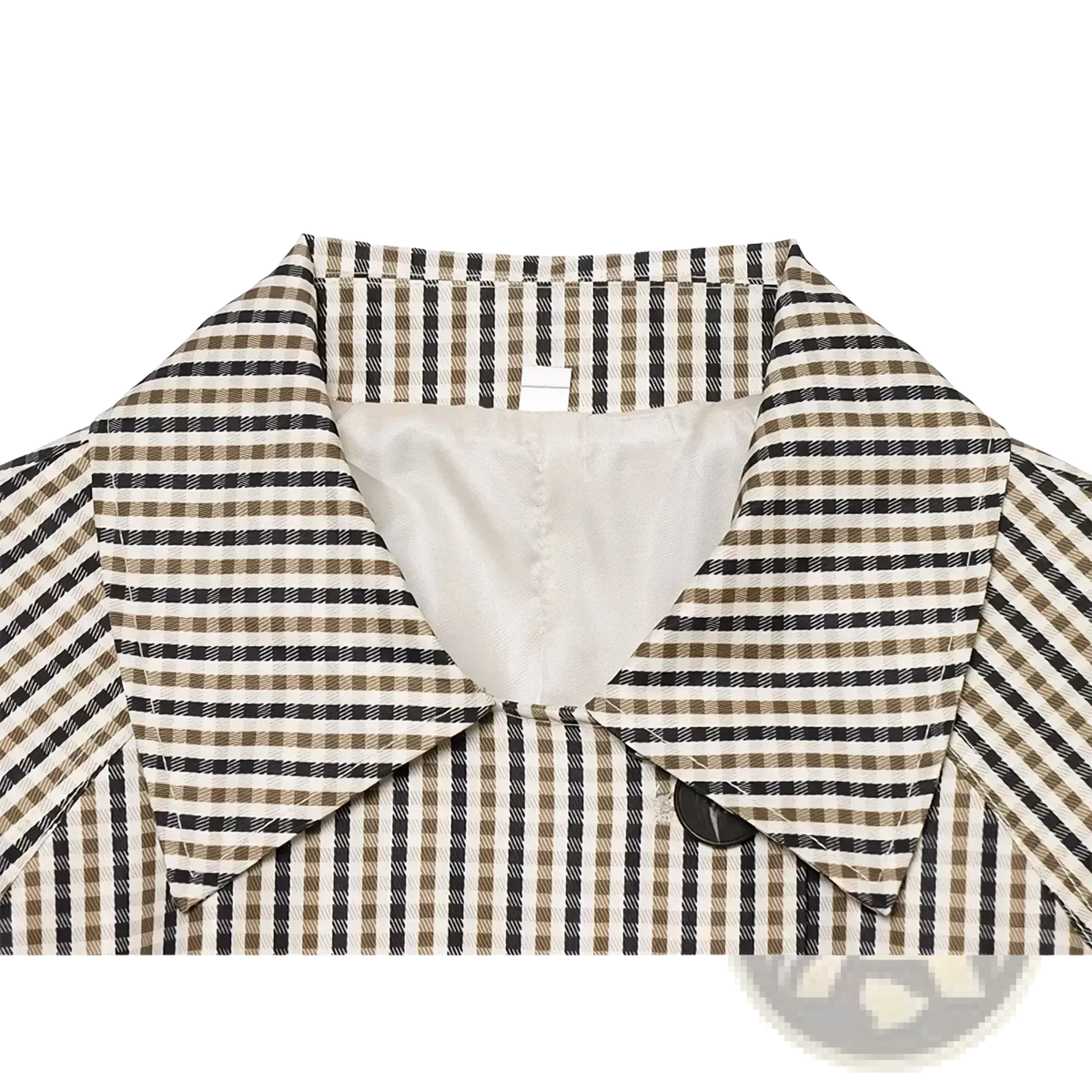 A stylish beige and black plaid belted short trench jacket collar with a subtle textured pattern