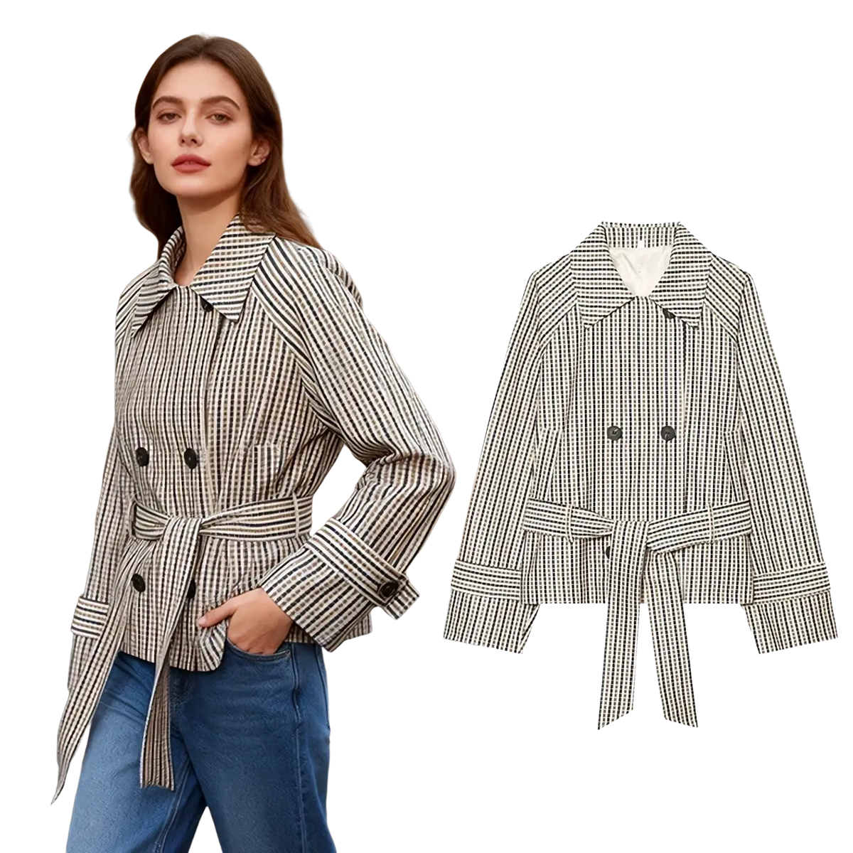 A black and white striped double-breasted trench coat with a belted waist, classic collar, and button details