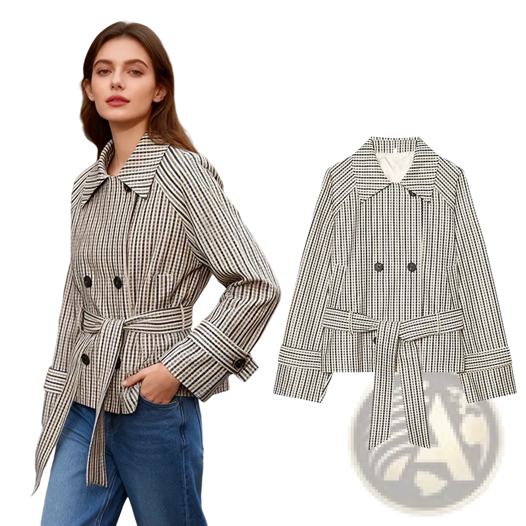A black and white striped double-breasted trench coat with a belted waist, classic collar, and button details