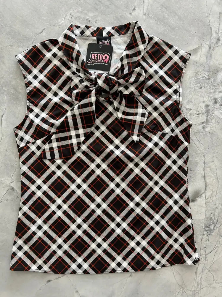 Black white and red plaid sleeveless blouse with oversized bow at neckline perfect for halloween attire