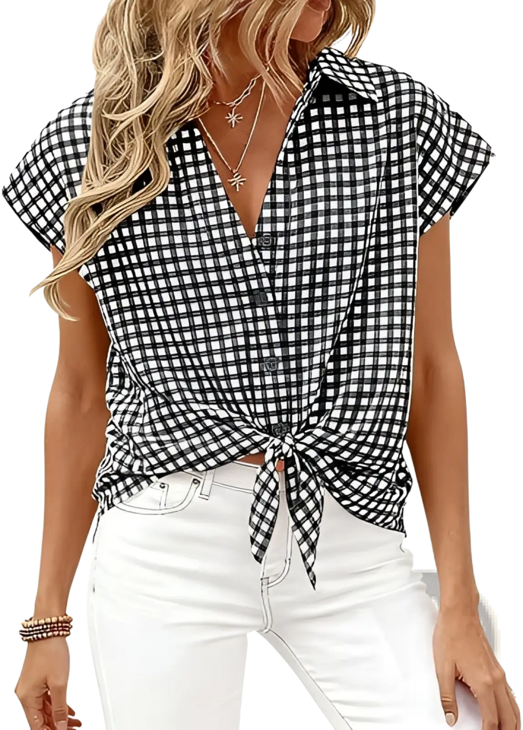 Black and white checkered short-sleeved button-up blouse with front knot in lightweight fabric for casual wear