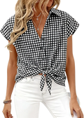 Black and white checkered short-sleeved button-up blouse with front knot in lightweight fabric for casual wear