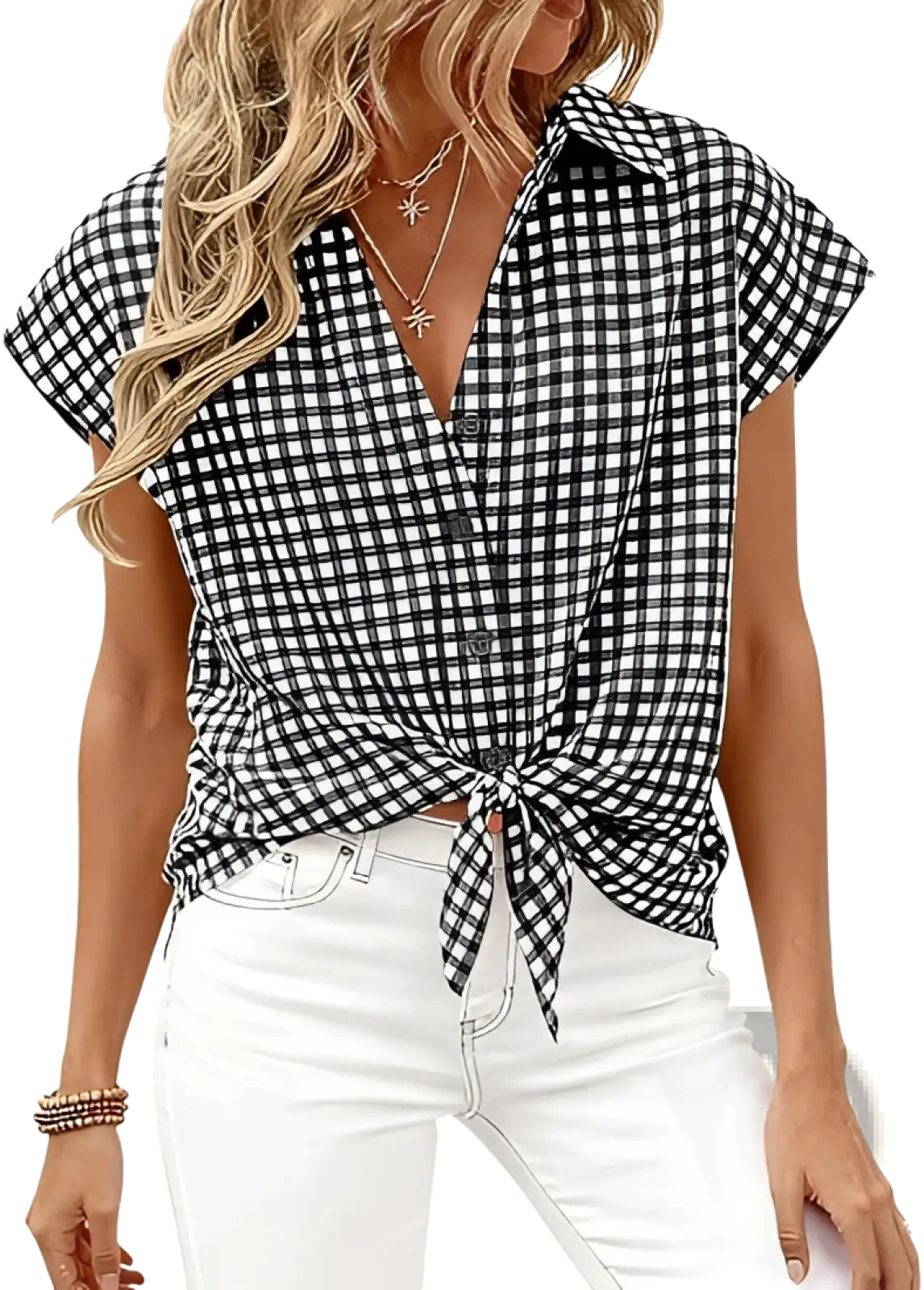 Black and white checkered short-sleeved button-up blouse with front knot in lightweight fabric for casual wear