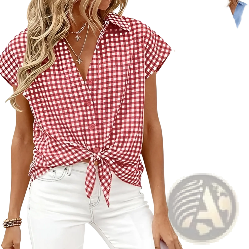 Red and white gingham plaid button up blouse with short sleeves and front knot tie detailing