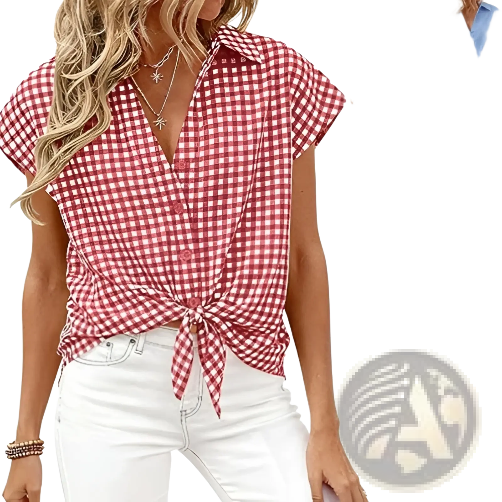 Red and white gingham plaid button up blouse with short sleeves and front knot tie detailing