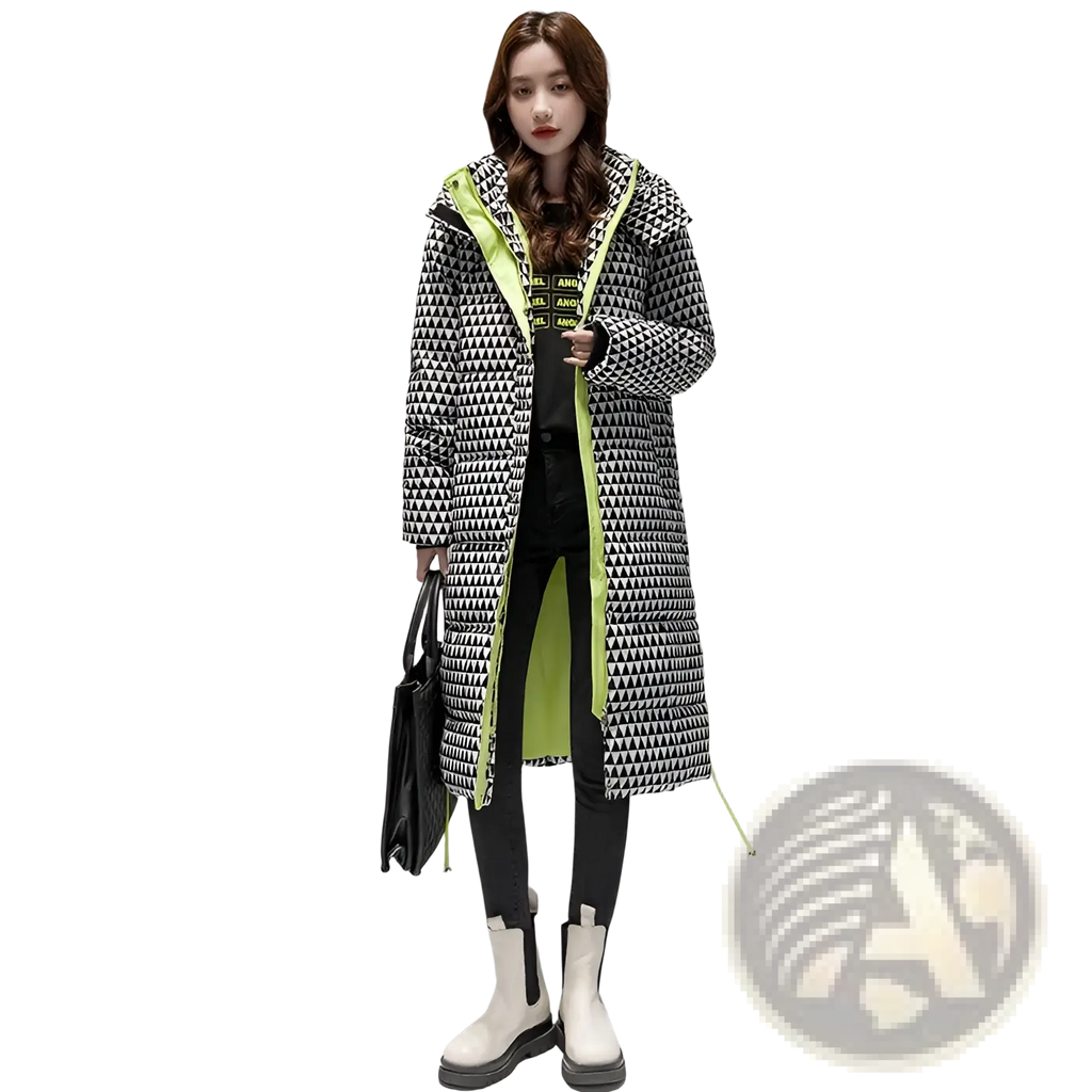 Black and white houndstooth plaid cotton padded long coat with neon green lining for women