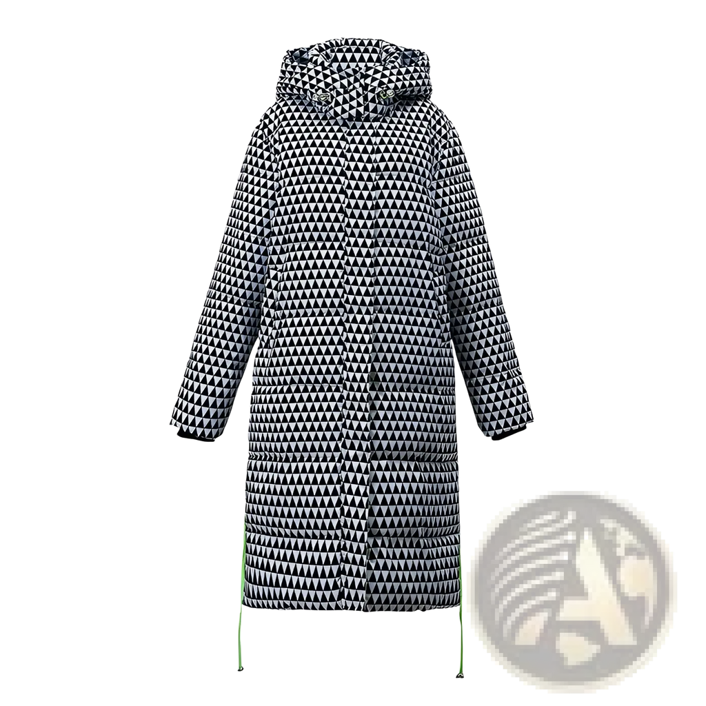 Plaid cotton padded coat women houndstooth in black and white geometric triangle pattern with neon green drawstrings and hood