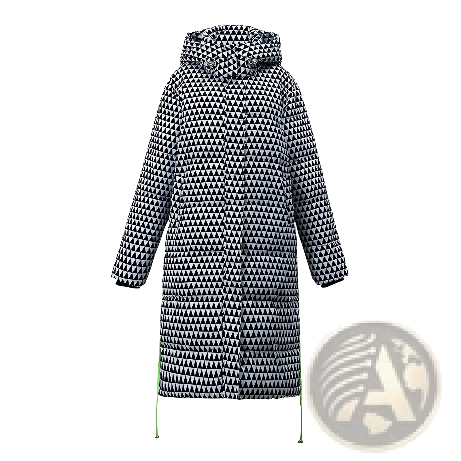 Plaid cotton padded coat women houndstooth in black and white geometric triangle pattern with neon green drawstrings and hood