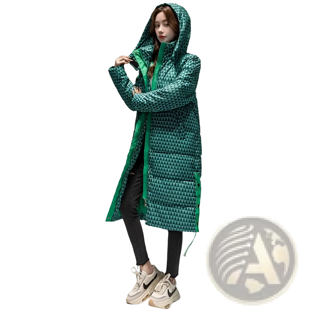 Green geometric-patterned padded coat with hood and zipper closure in cotton plaid design for women