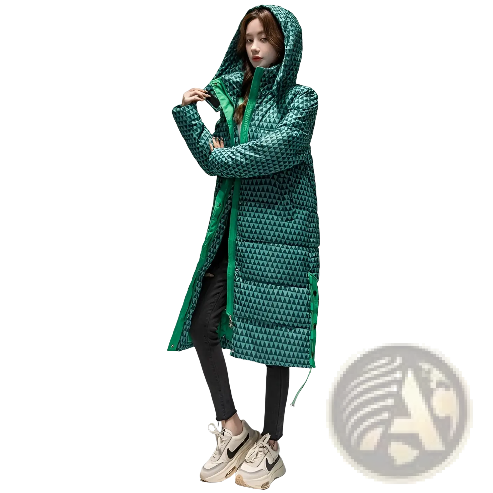 Green geometric-patterned padded coat with hood and zipper closure in cotton plaid design for women