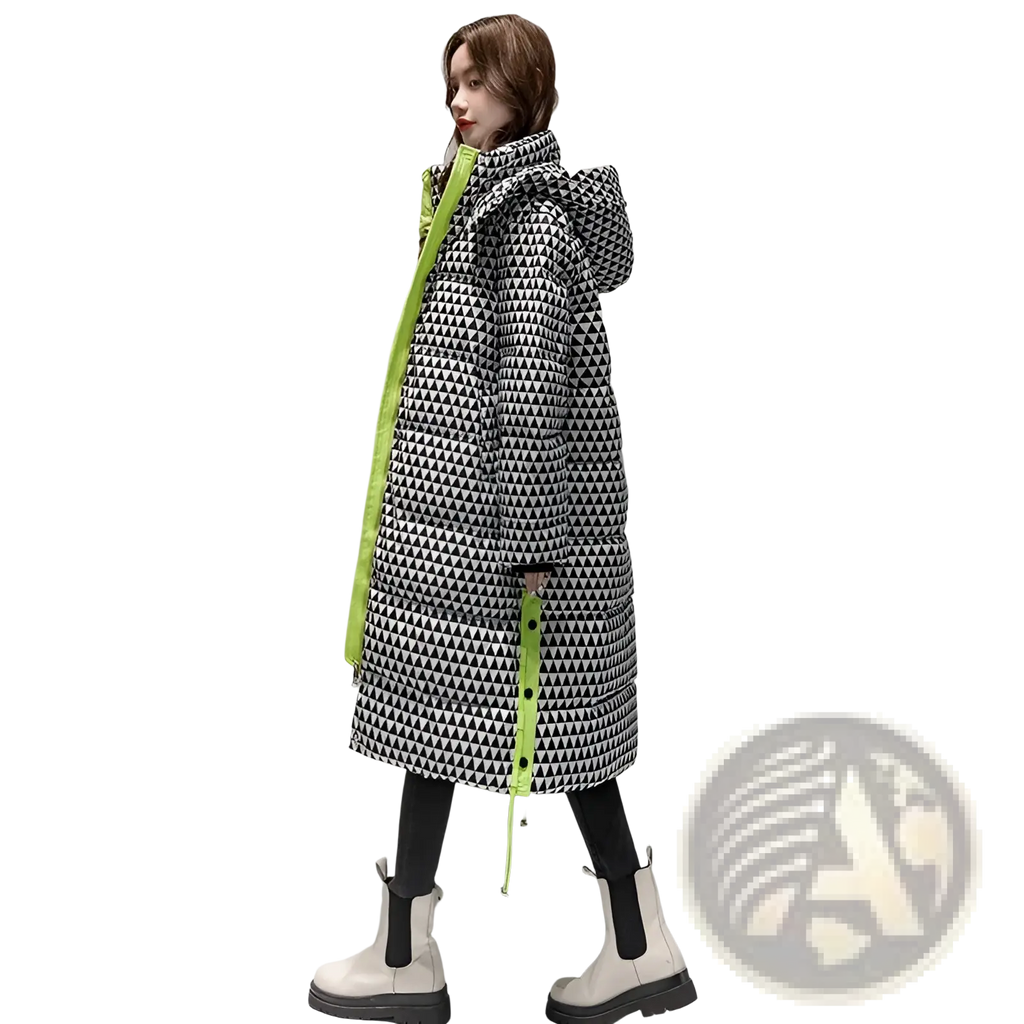 Plaid cotton padded coat for women featuring a long black and white geometric pattern with neon green zipper and drawstring