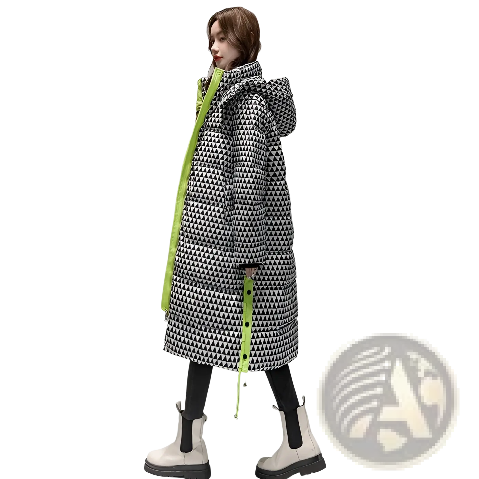 Plaid cotton padded coat for women featuring a long black and white geometric pattern with neon green zipper and drawstring