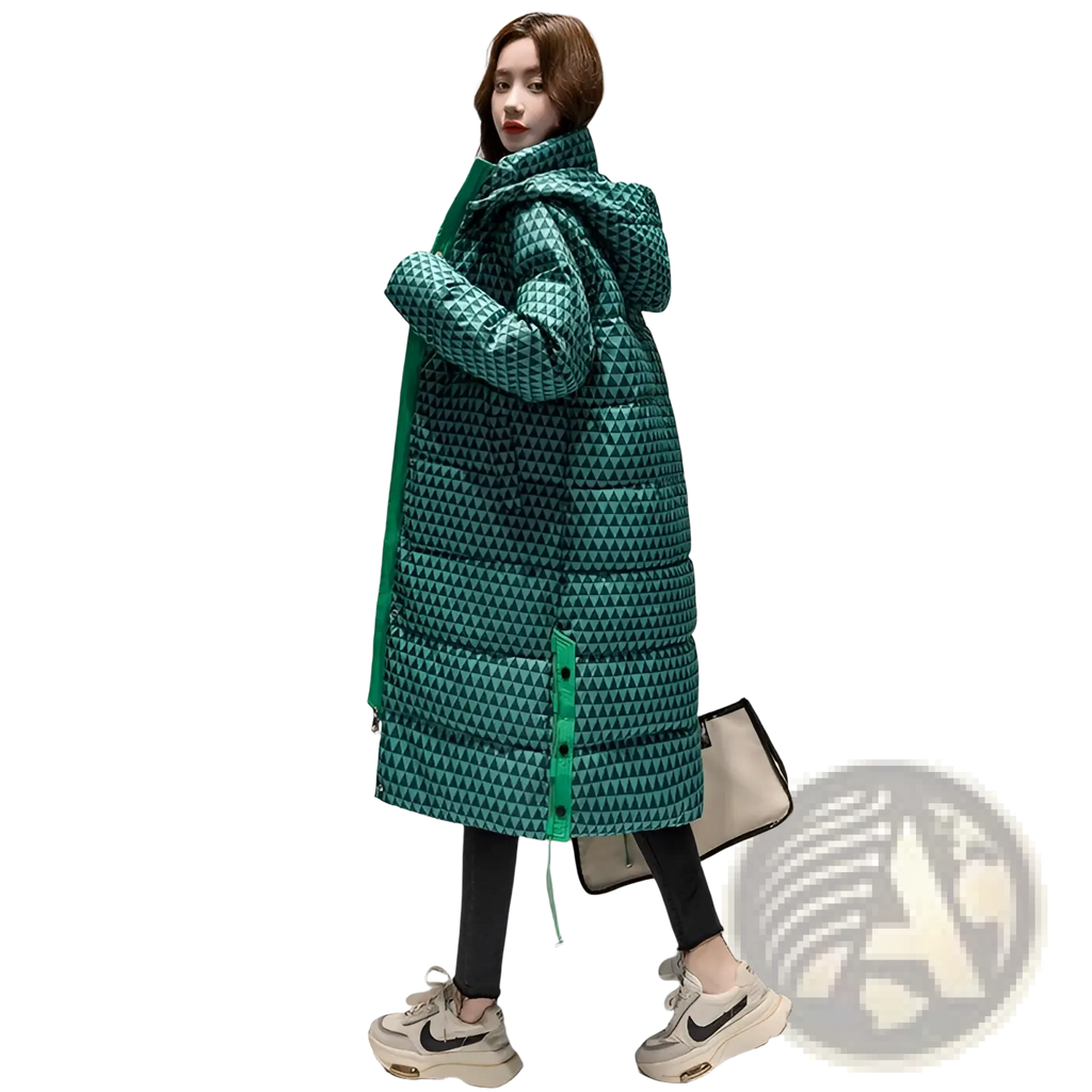 Long teal green cotton padded puffer coat with geometric triangle pattern and matching hood for women