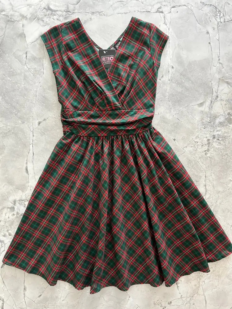 Greta plaid v neck cotton a line dress in green and red with short sleeves fitted waist and pockets