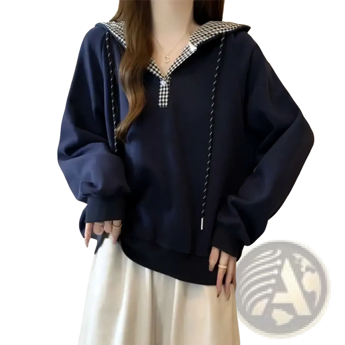 Navy blue plaid hooded sweatshirt for women featuring a vintage Korean style with checkered collar and zipper detail