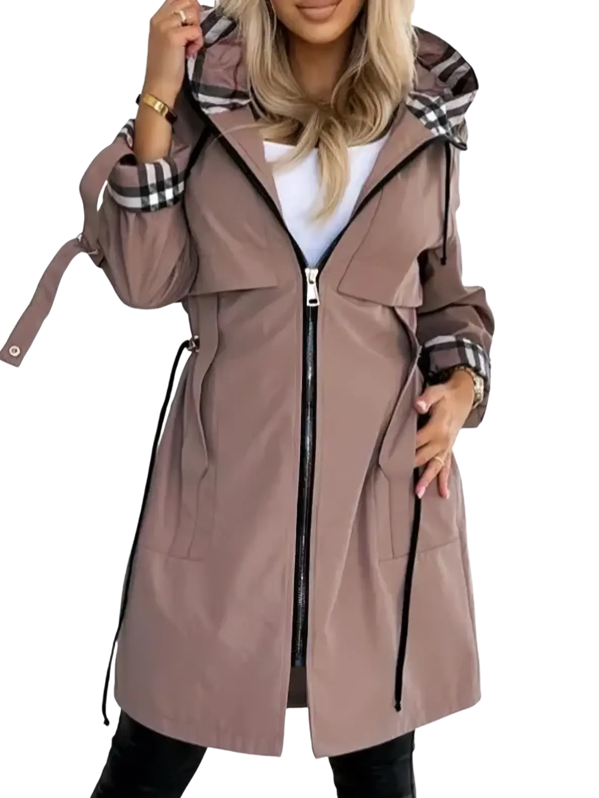 Beige trench coat with black zipper and plaid-lined hood and cuffs for women autumn outerwear