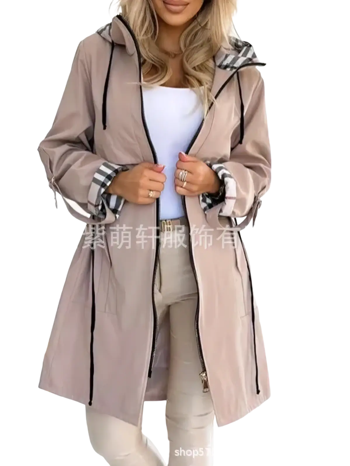 Beige trench coat with black zipper and trim featuring a plaid-lined hood and cuffs for autumn outerwear women