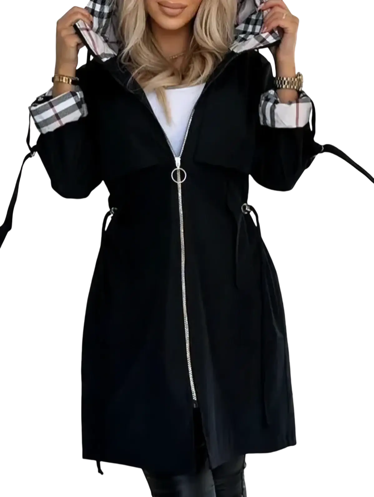 Black trench coat with plaid-lined hood and cuffs, silver zipper, and adjustable drawstrings for autumn outerwear