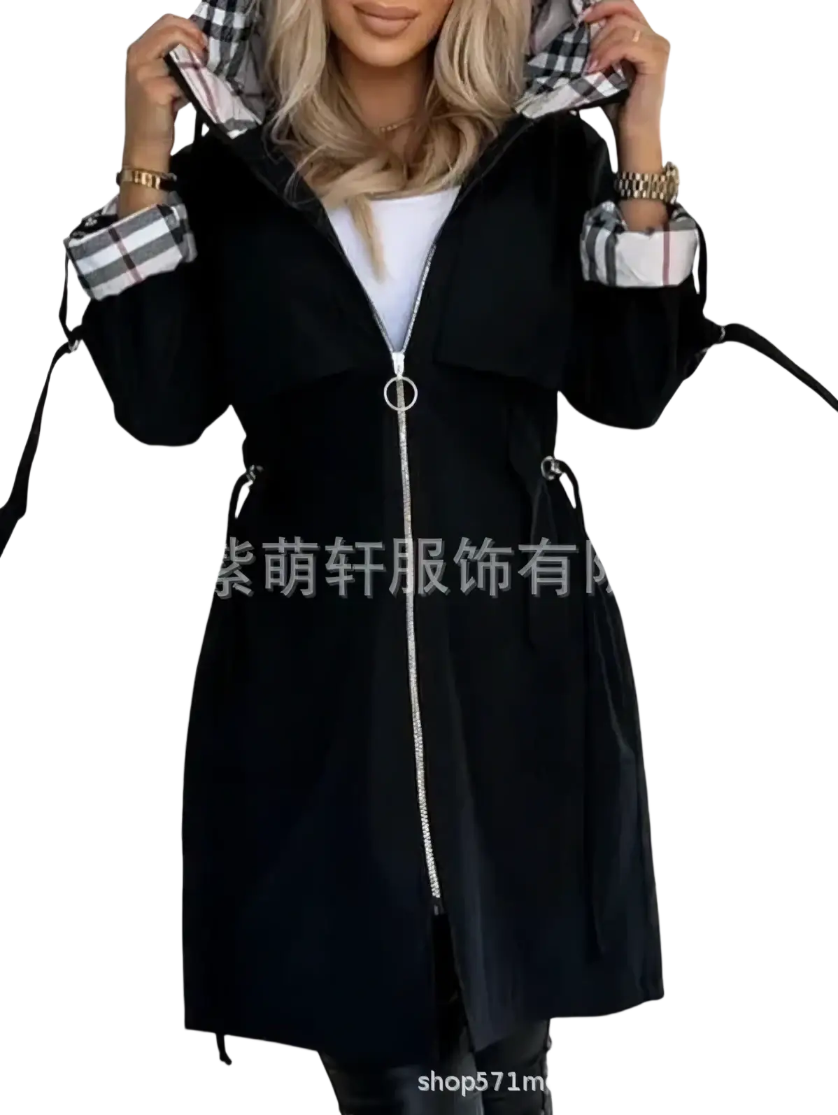 Black trench coat with plaid-lined hood and cuffs silver zipper and adjustable waist ties for autumn outerwear women