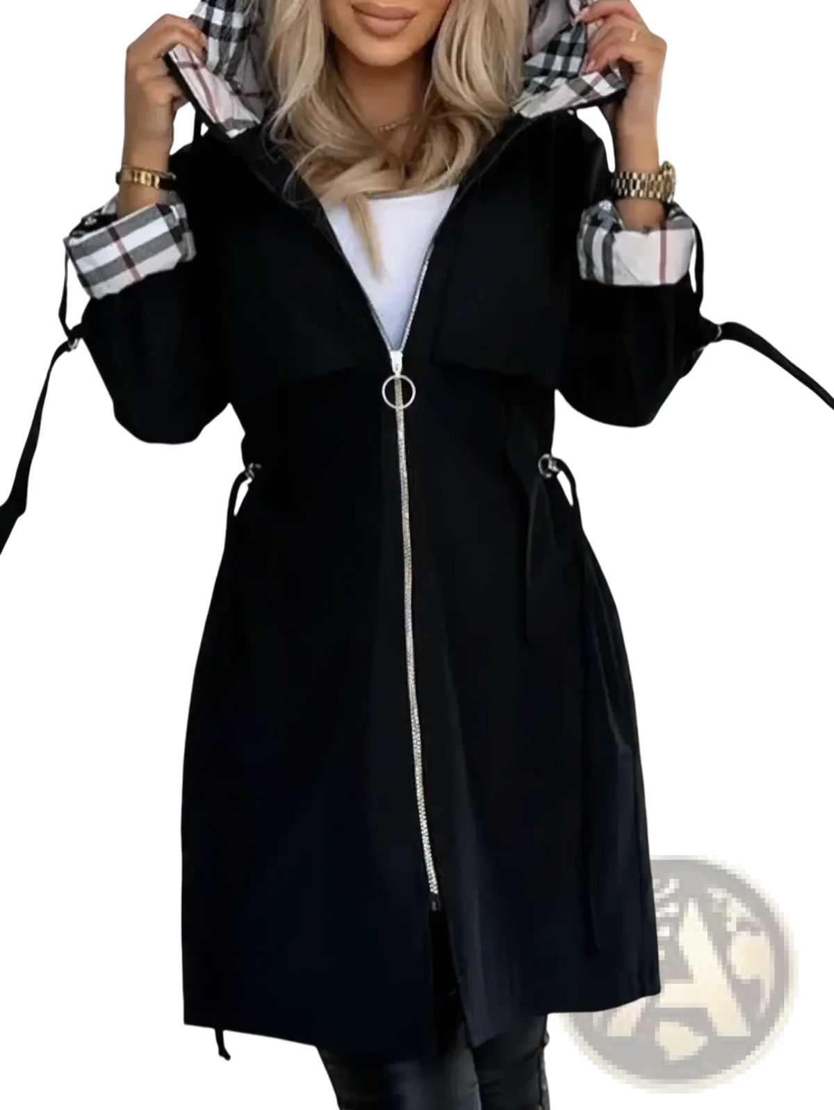 Black trench coat with plaid-lined hood and cuffs, silver zipper, and adjustable drawstrings for autumn outerwear
