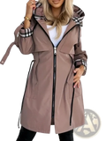 Beige trench coat with black zipper and plaid-lined hood and cuffs for women autumn outerwear