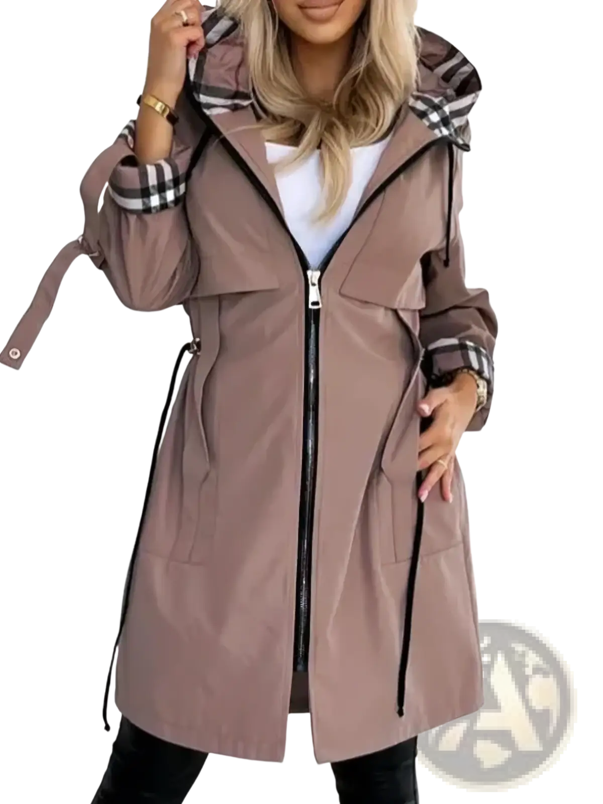 Beige trench coat with black zipper and plaid-lined hood and cuffs for women autumn outerwear
