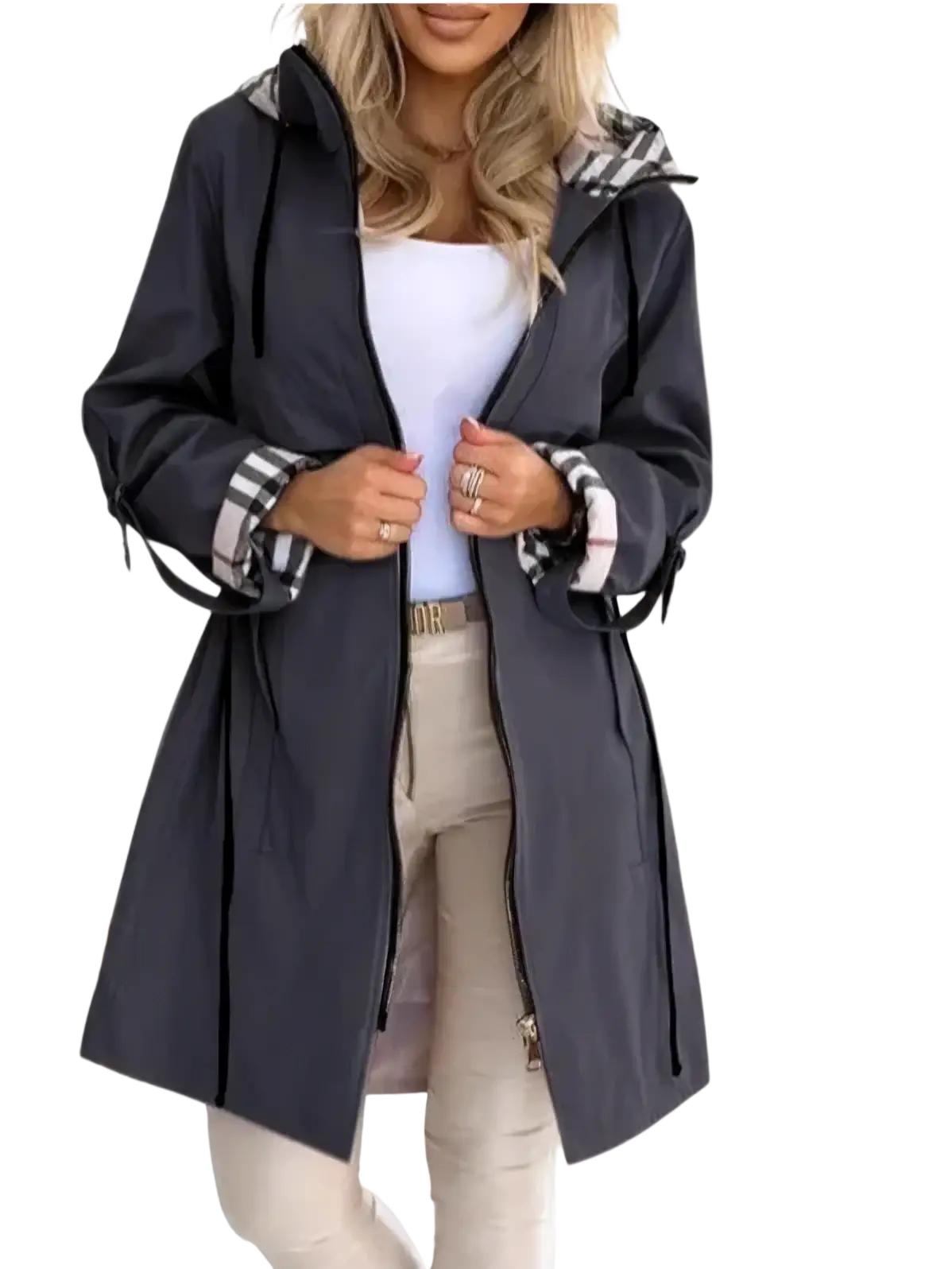 Dark gray plaid hooded trench coat for women with zipper front and drawstring detailing perfect for autumn outerwear